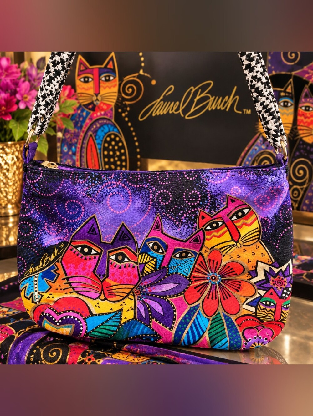 NWT Laurel Burch Purple Multicolor Cat Floral Shoulder Bag W/Charm